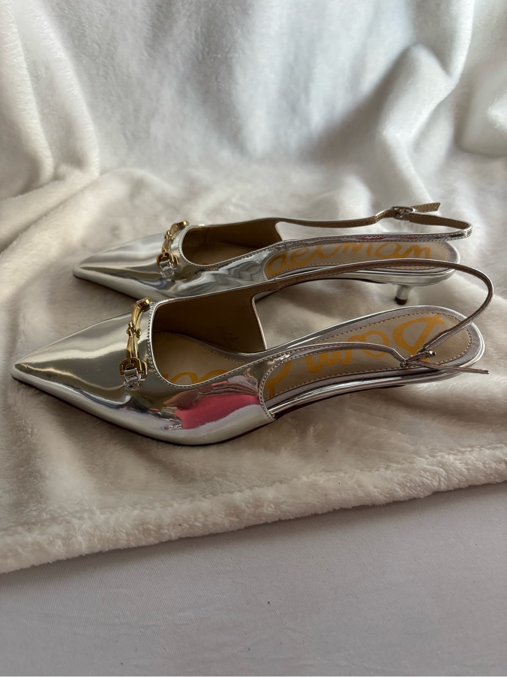 Sam Edelman Farrah Metallic Soft Silver Pointed Slingback Kitten Heels Size 7